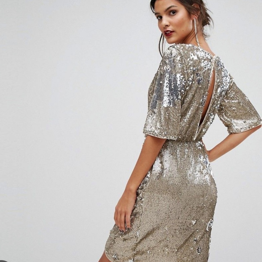 TFNC London Metallic Sequin Wrap Mini Dress